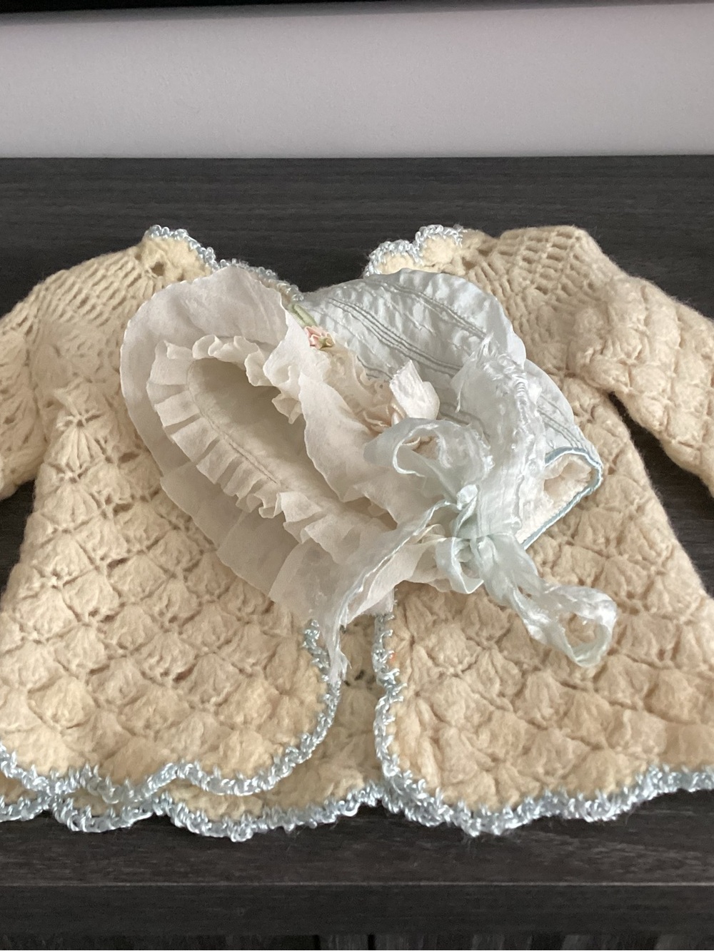 Vtg. Baby boy handmade 1931 Cardigan, cream and baby blue with bonnet/hat